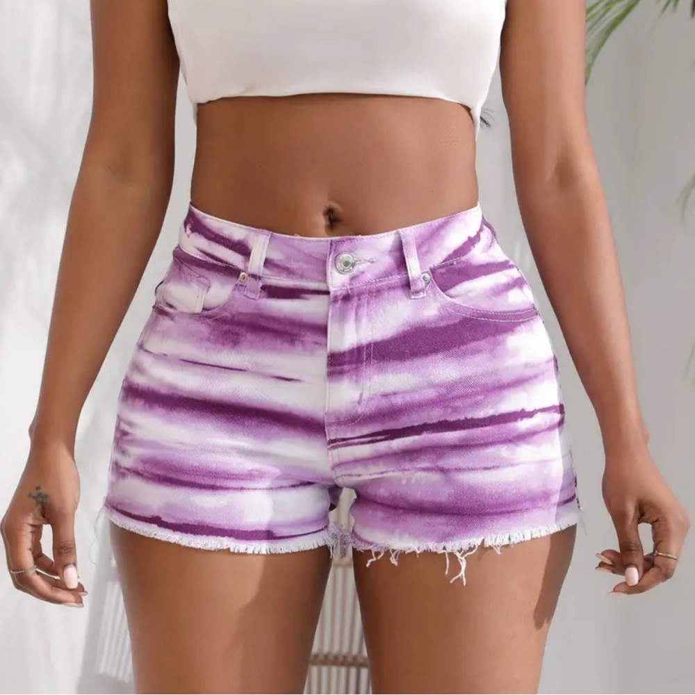 Purple & white tie dye raw hem high waist jean shorts